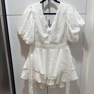 White Tiered Ruffled Mini Dress with Puff Sleeves
